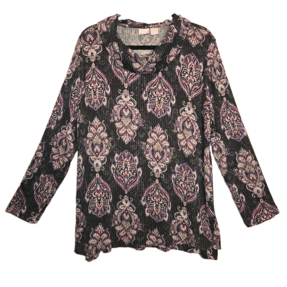 Chicos Zenergy Size 2 Large/12 Black Paisley Waffle Thermal Knit Cowl Neck Shirt